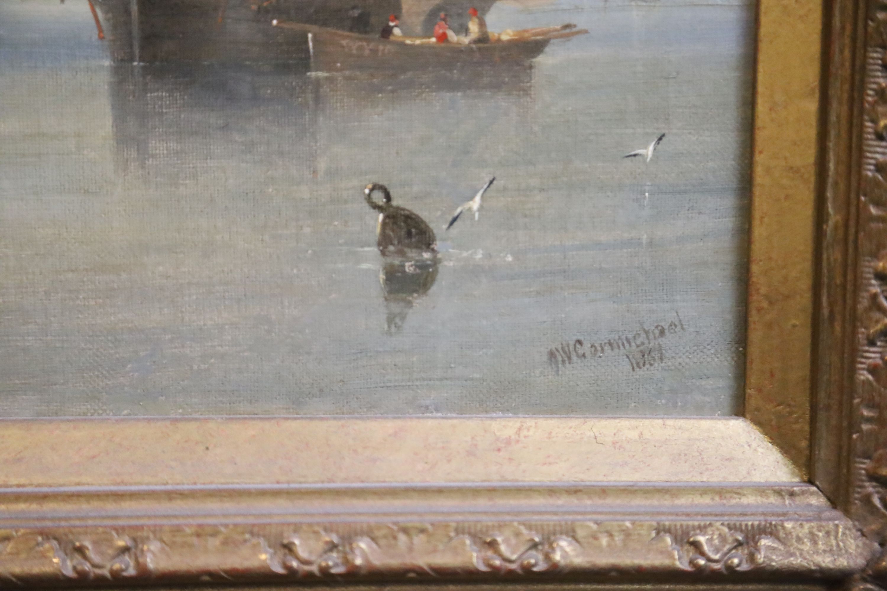 John Wilson Carmichael (1800-1868) Shipping in a calm at the entrance to Whitby harbour 10 x 14in.